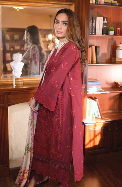 Maroon embroidered kurta with flowing cream floral dupatta, full length