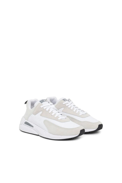 White and beige sneakers with lace-up front, sporty side panel and low profile sole