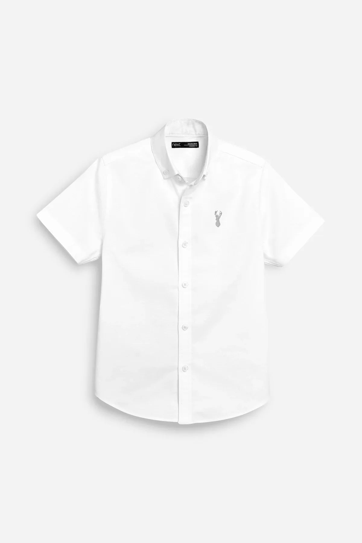 White short-sleeve button-up shirt with small chest emblem