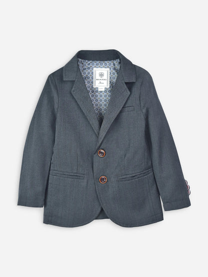 Grey blazer jacket with notch lapels, button front, two flap pockets, patterned lining
