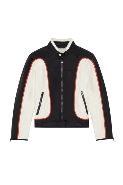 Diesel black zip jacket with cream shoulder panels and red piping; two sleeve zip pockets.