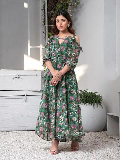 Floral midi dress full front view with off-shoulder neckline and green/pink flower print