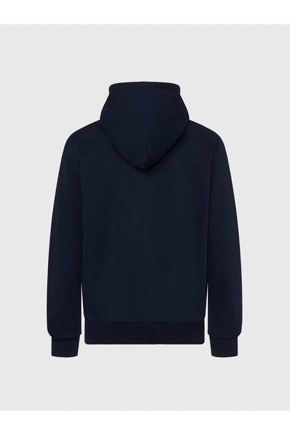 Navy pullover hoodie with hood and kangaroo pocket, plain back