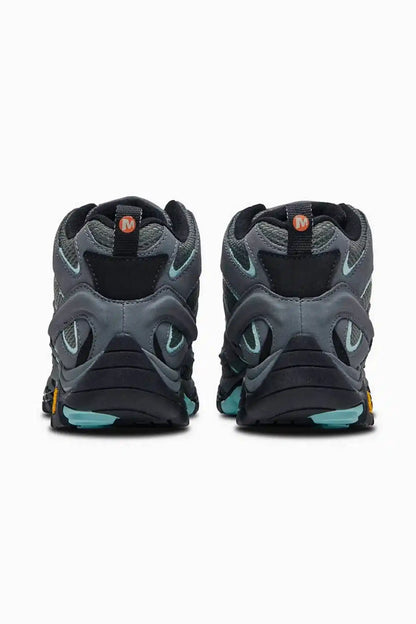 Merrell hiking shoes, rear view in dark gray with teal trim and padded heel
