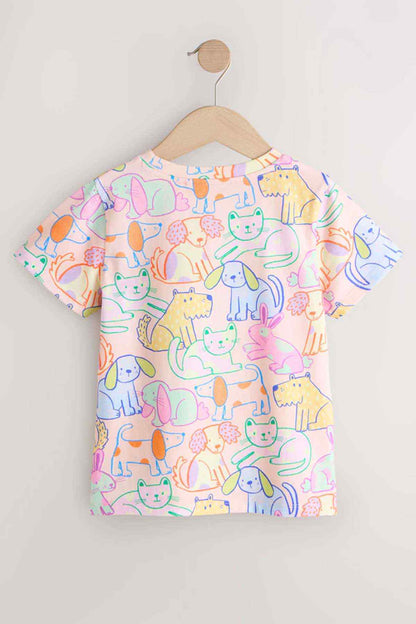 Kids multicolor cartoon animal T-shirt back view, short sleeves