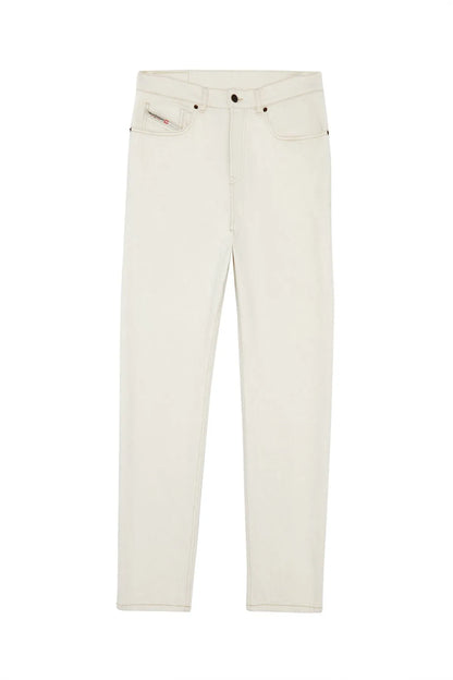 Diesel white denim jeans, flat lay front view with five-pocket design and button fly