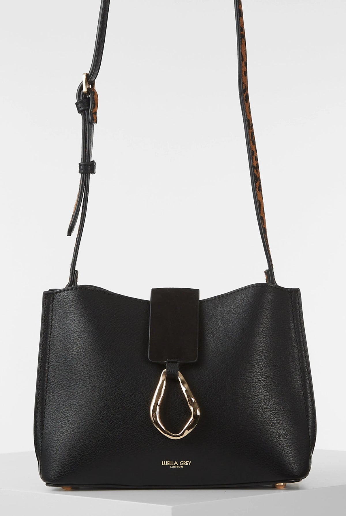Black leather-look mini handbag with top handle straps and front clasp