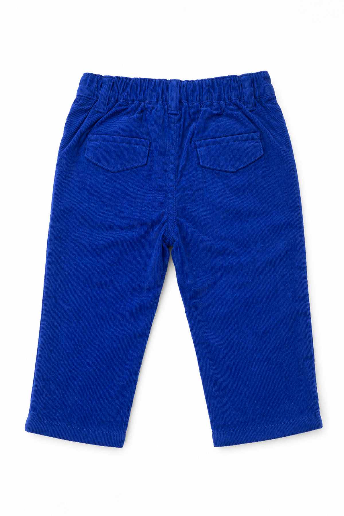 Blue toddler pants with elastic waistband and two front pockets