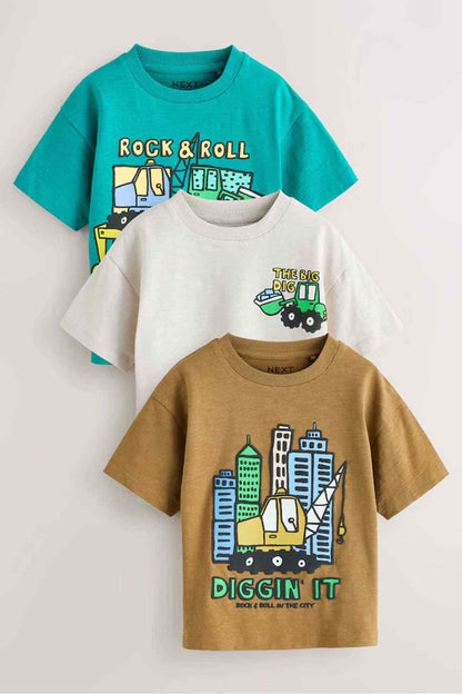 Teal blue kids graphic T-shirt with city construction truck print, crew neck