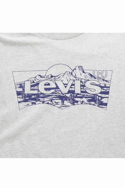 Light gray T-shirt with central blue logo graphic print