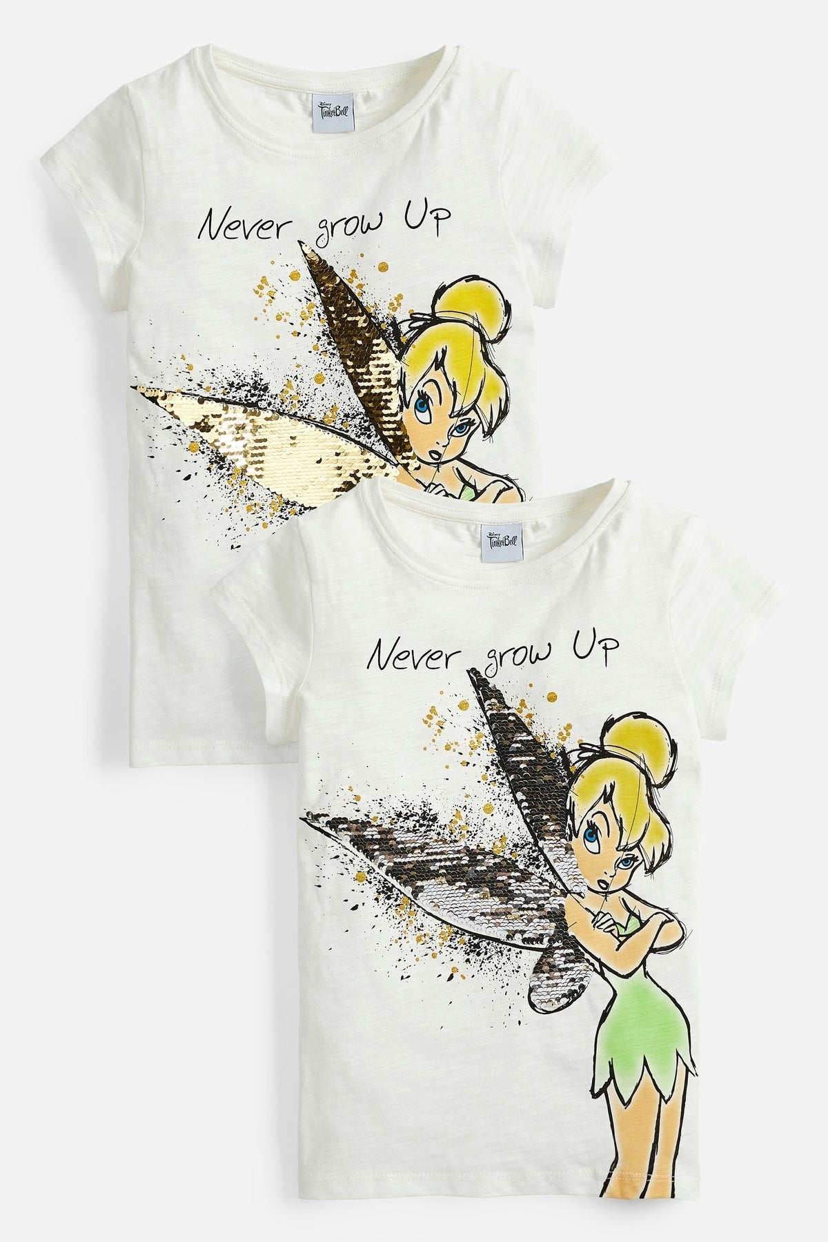 Kids white graphic T-shirt (set of 2) with cartoon girl and 'Never grow up' print
