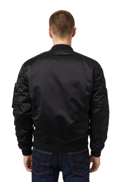 Black bomber jacket back view with ribbed hem and sleeve pocket detail