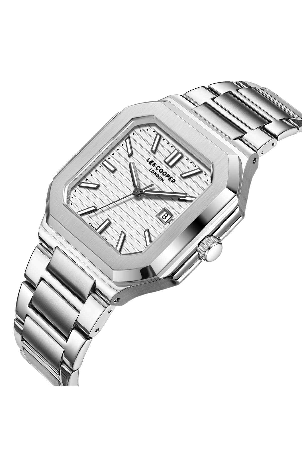 Silver metal wristwatch angled view, rectangular dial with date at 8