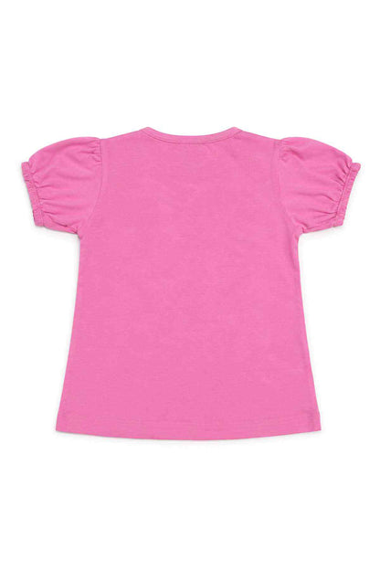 Pink short-sleeve T-shirt with puffed sleeves and crew neck