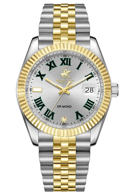 BHPC two-tone silver and gold wristwatch with Roman numeral dial and date window
