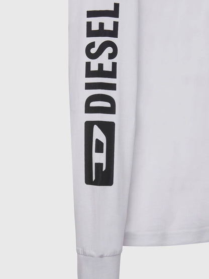 White sweatshirt sleeve with tall black logo print