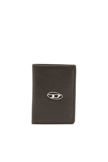 Brown leather wallet with silver Diesel logo emblem