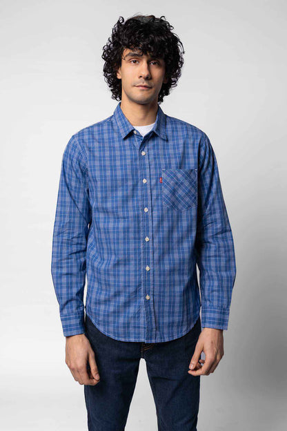 Levi's blue plaid button-up shirt with chest pocket and long sleeves
