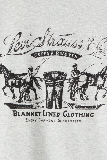 White T-shirt graphic text: Copper Riveted, Blanket Lined Clothing