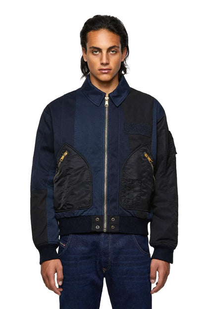 Diesel blue bomber jacket with stand collar, full zip and two chest/side flap pockets