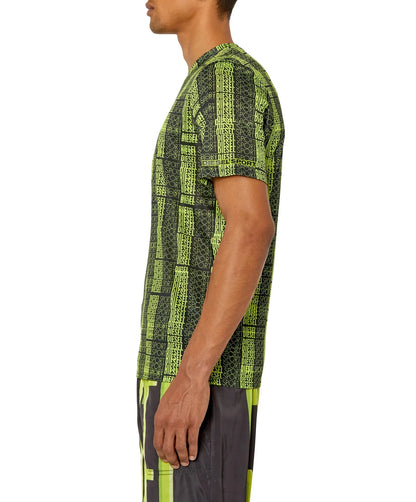 Neon green graphic T-shirt with vertical text stripes, short sleeves