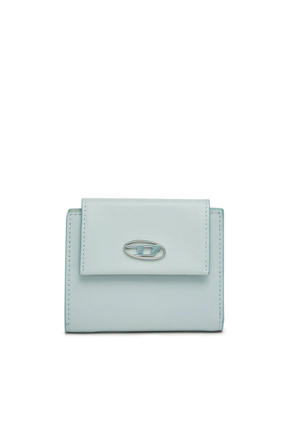 Light blue bi-fold wallet with front snap flap and oval logo