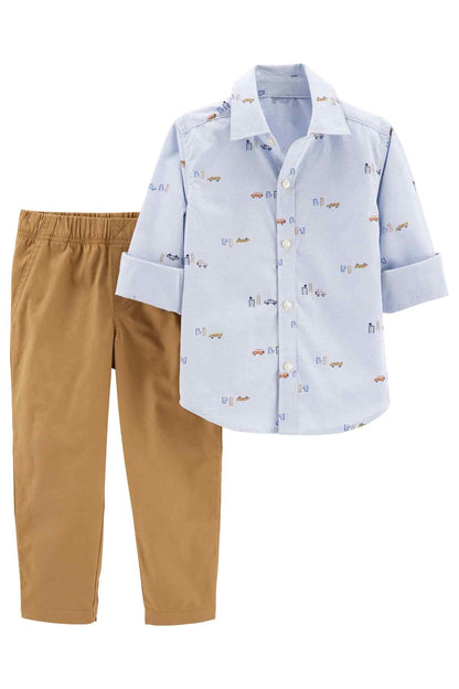 Kids button-up shirt and pants set, light blue with multicolor vehicle print