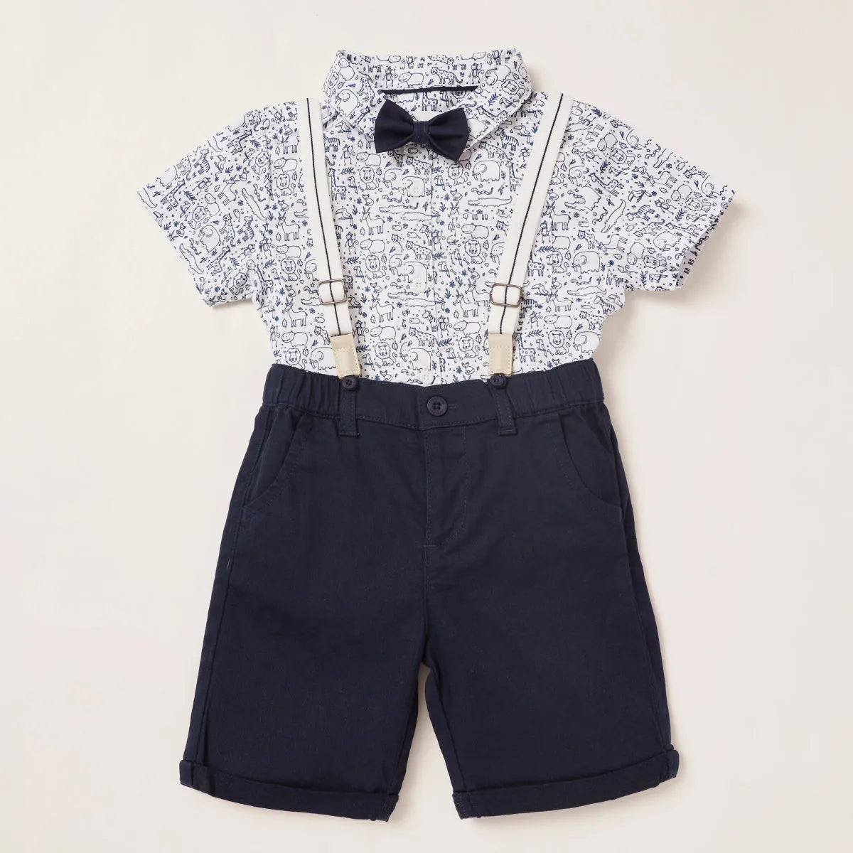 Toddler shirt and shorts set with animal print, black bow tie, navy suspenders