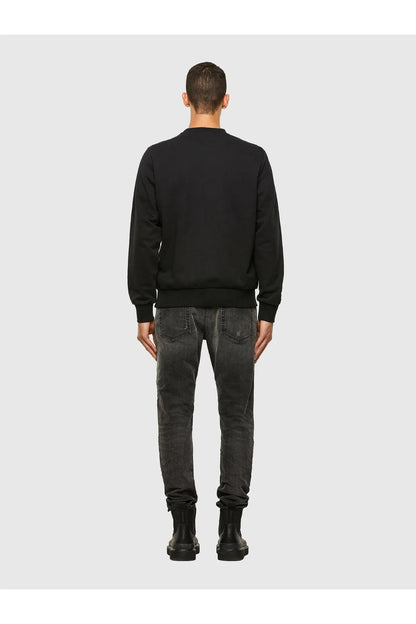 Black crewneck sweatshirt back view with ribbed collar, cuffs, and hem