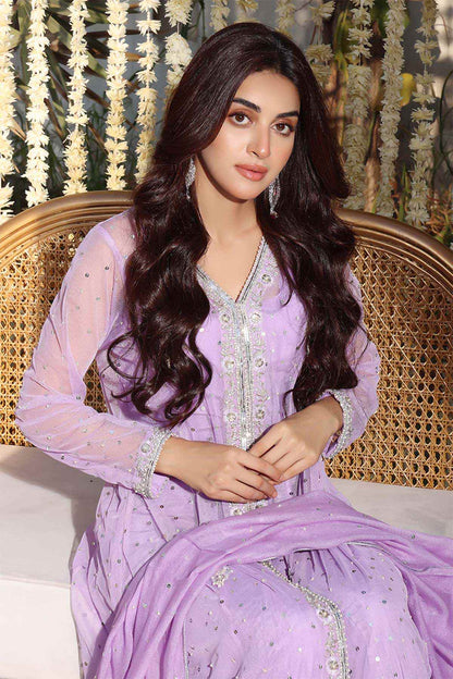 Lavender embroidered V-neck dress with beadwork details and lace-trim sleeves