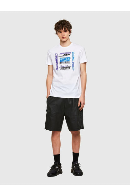 Diesel white graphic T-shirt worn with black shorts