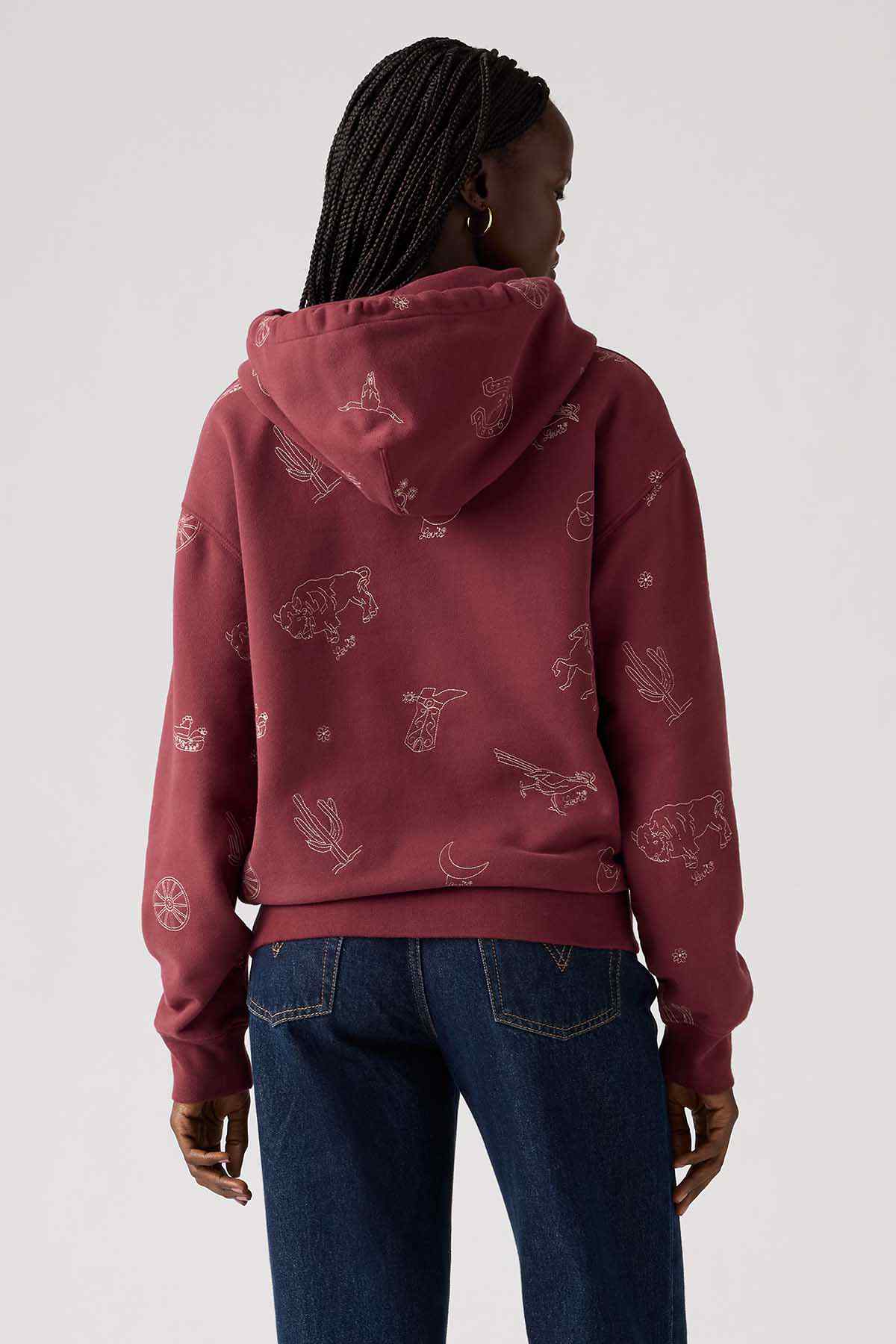 Levi's red graphic pullover hoodie with drawstring hood, back view