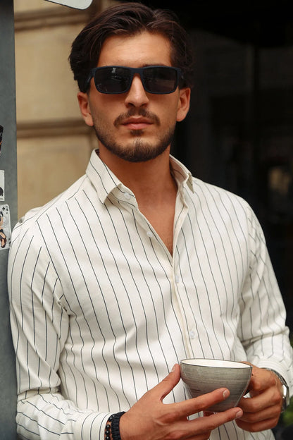 Men's off-white pinstripe button-up shirt with open collar and long sleeves