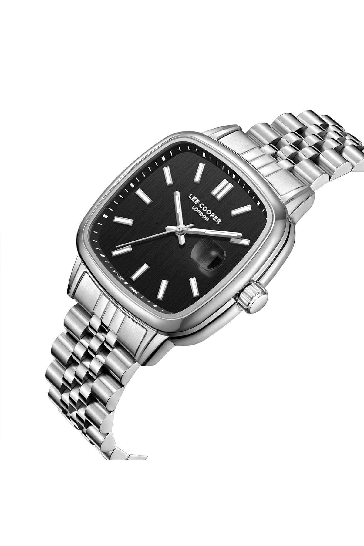 Lee Cooper silver metal bracelet wristwatch, curved case, black dial and crown at side