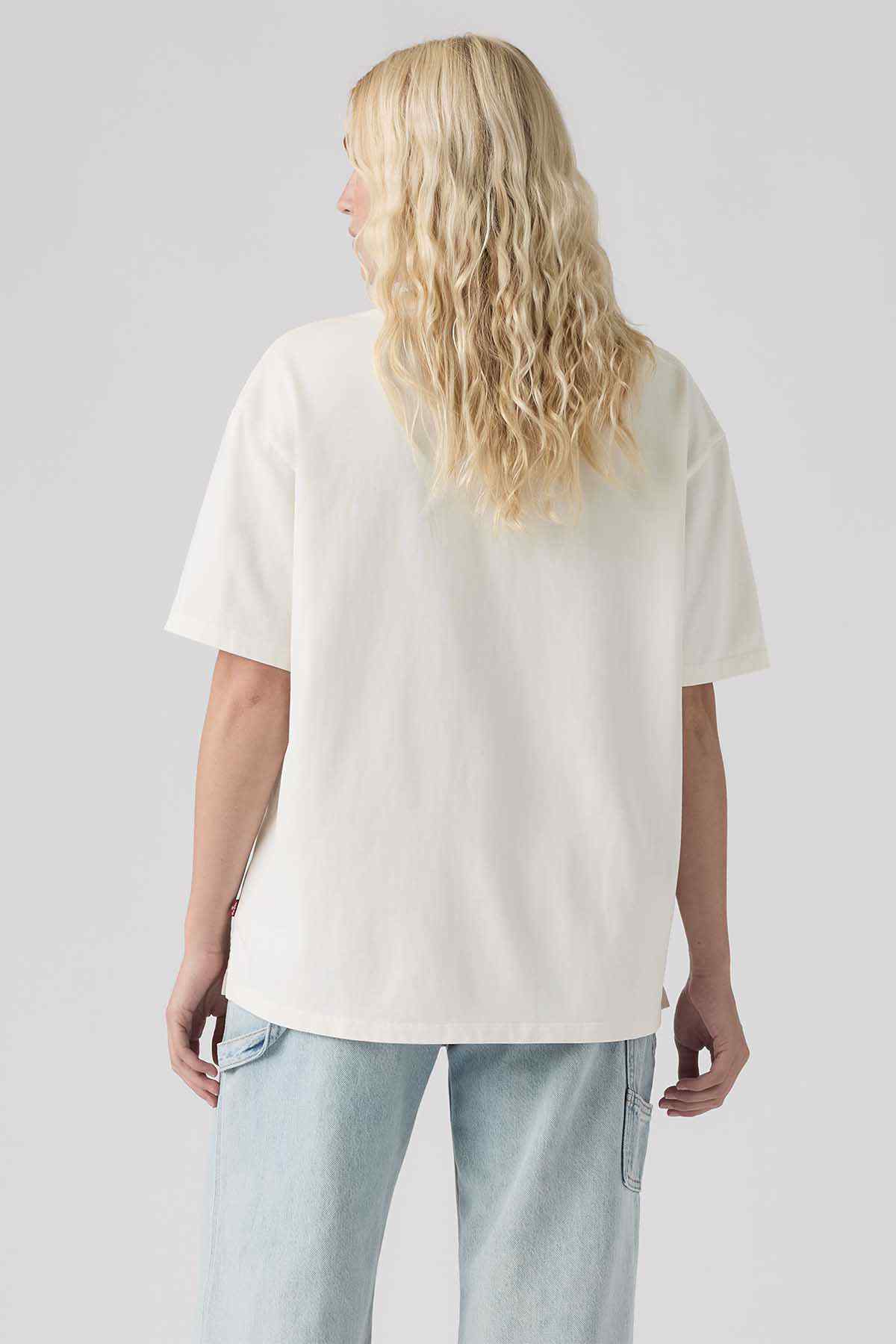 White graphic T-shirt with crew neck, short sleeves, back view
