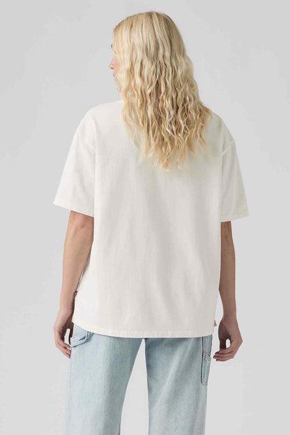 White graphic T-shirt with crew neck, short sleeves, back view