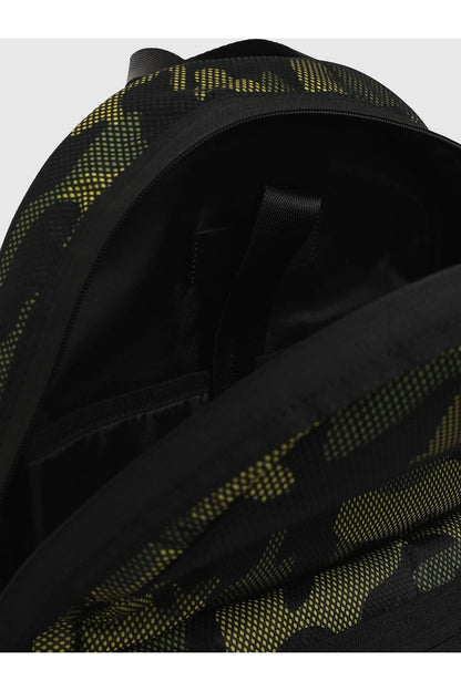 Diesel green camo backpack with black interior lining and zipper, close-up