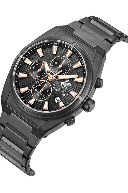 BHPC black analog chronograph wristwatch, angled view, black link bracelet