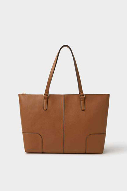 Tan structured tote bag with dual top handles and front panel seams