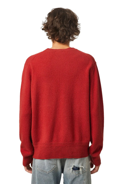 Red crewneck knit sweater, back view with ribbed hem and cuffs