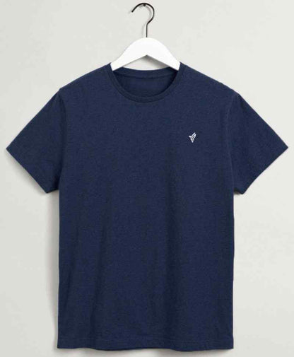 Navy fitted crew-neck T-shirt hanging on a white hanger, short sleeves, chest logo
