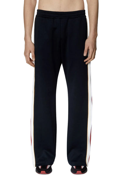 Black track pants with elastic waistband and tapered legs