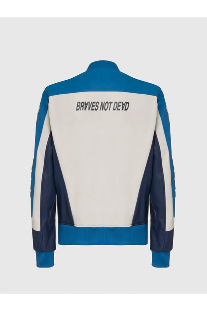 Leather jacket back view showing 'BRYVES NOT DEVD' and blue ribbed cuffs.