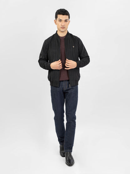 Brumano black vertical-striped zip jacket with stand collar and ribbed hem