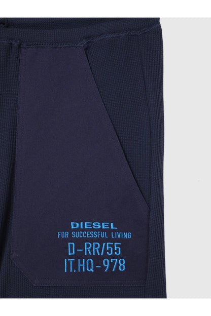 Navy Diesel shorts with angled side pocket and white logo text