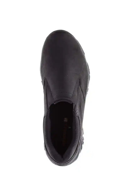 Black slip-on shoe with dark interior lining, rounded toe and side stitching