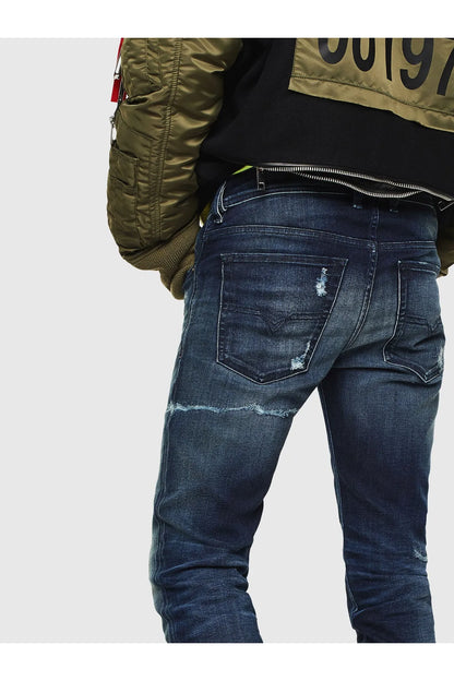 Diesel indigo denim jeans with flap pocket, light distressing and contrast stitching