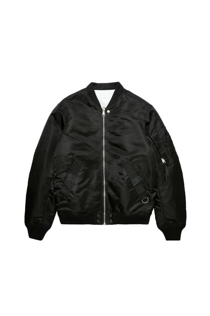 Black bomber jacket with zip front, ribbed hem, sleeve pocket, snap details