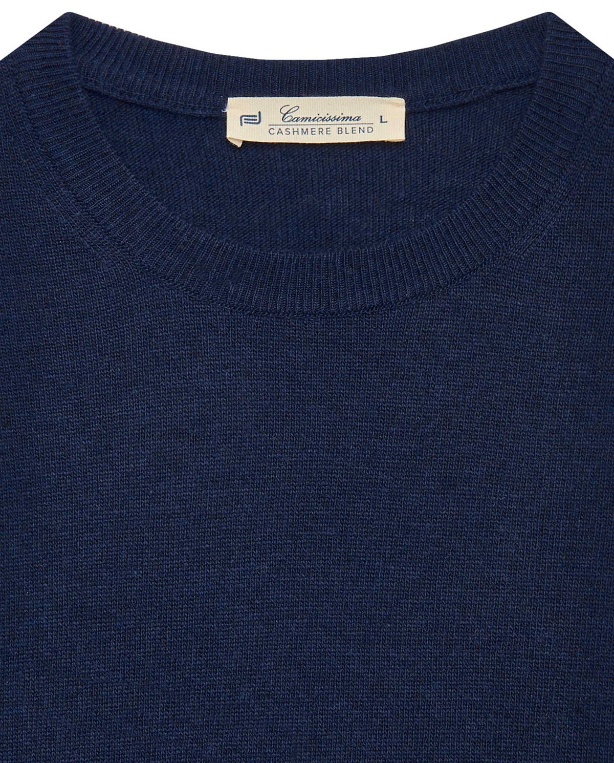 Dark blue crewneck cashmere-blend sweater, knit texture, ribbed trim