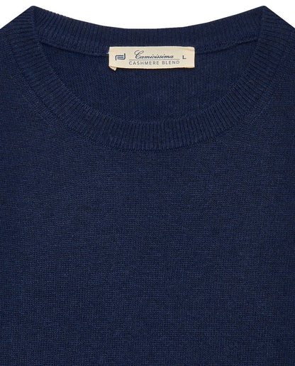 Dark blue crewneck cashmere-blend sweater, knit texture, ribbed trim